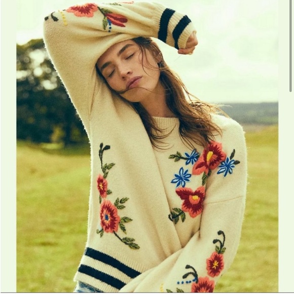 Anthropologie Sweaters - Anthro Harlyn Floral Embroidered Wool Blend Crewneck Sweater Women's Cream